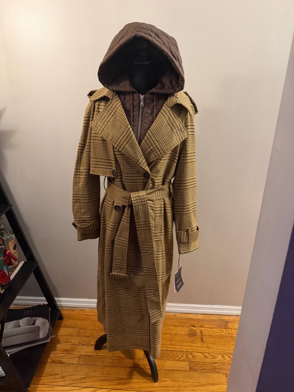 Plaid Belted Trench Coat with Quilted Hood - Brown/Beige